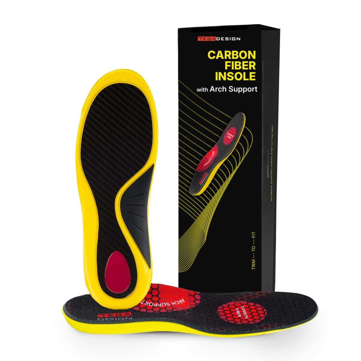 High-performance carbon fiber insole featuring arch support, shock absorption, and breathable fabric for plantar fasciitis, heel pain, and overpronation relief. Trimmable design for a perfect fit in running, hiking, and everyday shoes.