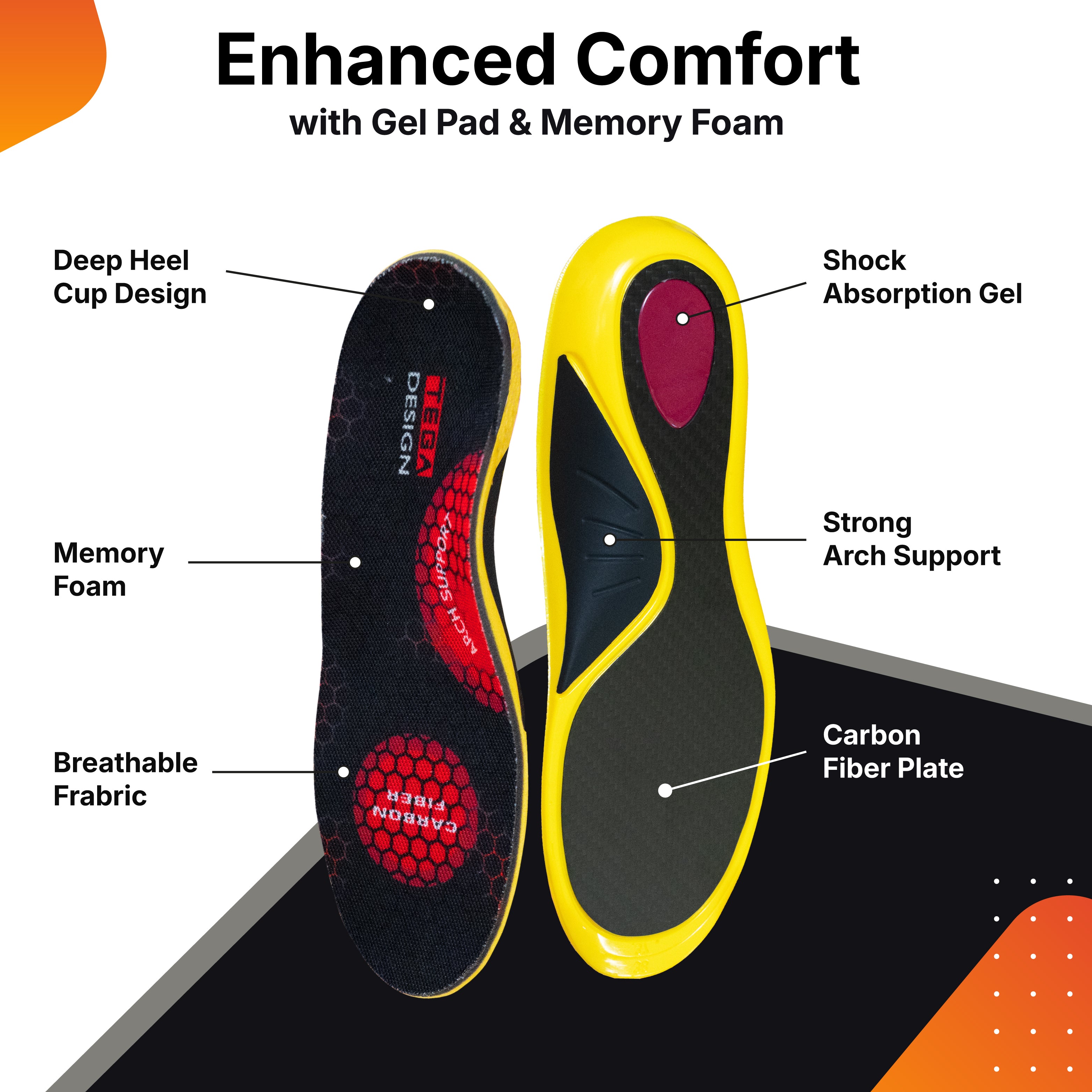 Premium carbon fiber insoles with memory foam cushioning, shock absorption gel, and a deep heel cup for superior arch support. Designed with breathable fabric to keep feet dry and comfortable. Ideal for plantar fasciitis, heel pain relief, and all-day wear.