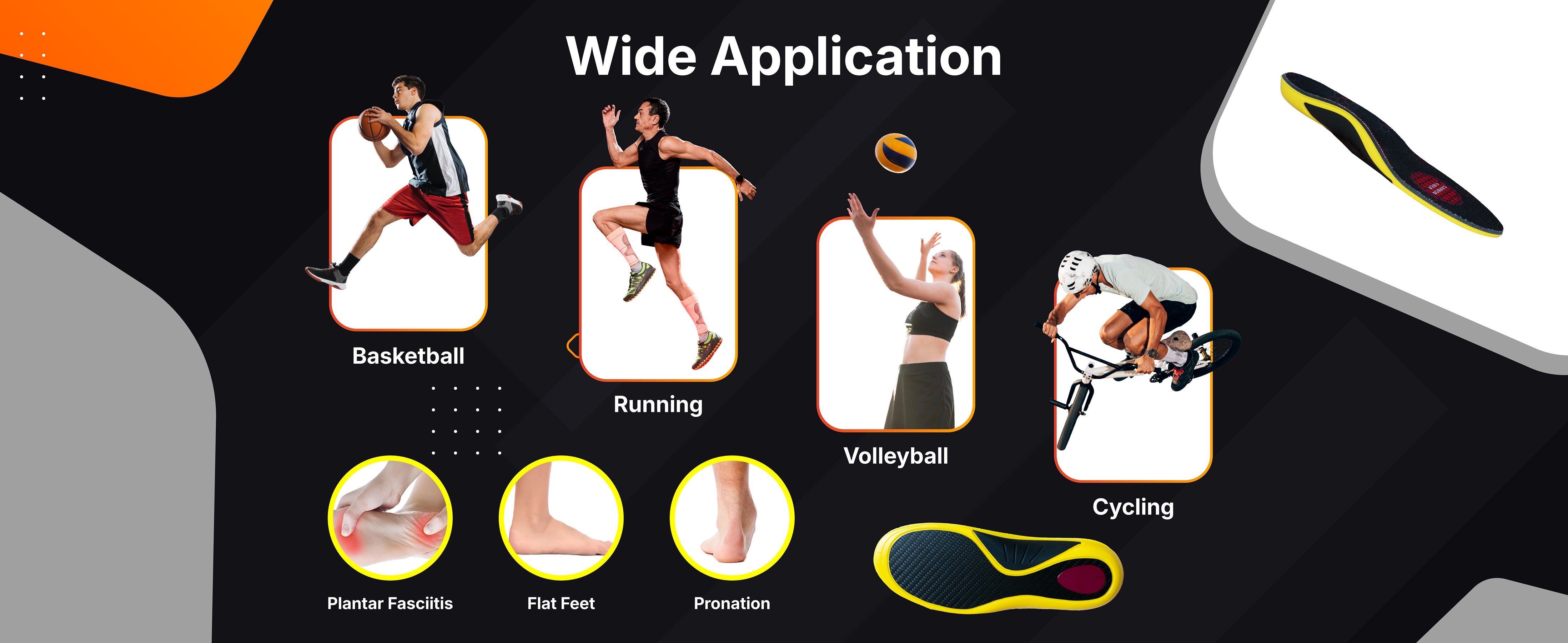 Carbon fiber insoles designed for basketball, running, volleyball, and cycling. Provides arch support, plantar fasciitis relief, and pronation correction for athletes and active individuals seeking enhanced foot stability and comfort.