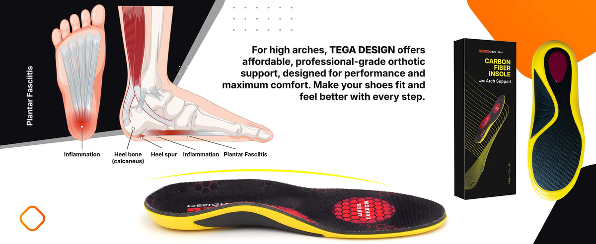 Carbon fiber insoles designed to provide relief from plantar fasciitis, heel spurs, and foot inflammation. Orthotic-grade arch support enhances comfort and performance, making every step pain-free. Ideal for high arches and everyday wear.