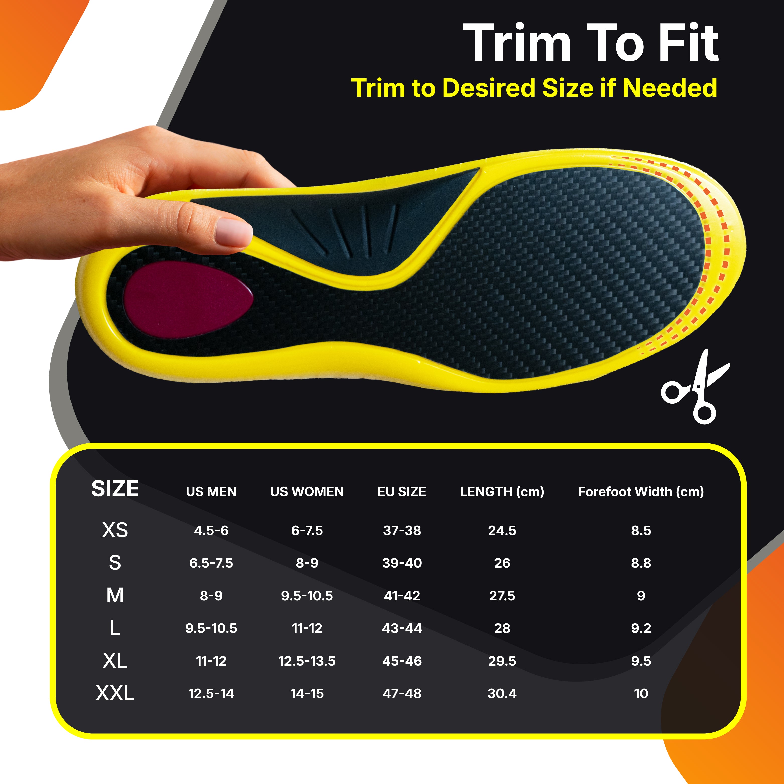 Trim-to-fit carbon fiber insoles designed for a customized fit. Available in multiple sizes (XS-XXL) with detailed US, EU, and length measurements. Ideal for running, hiking, and daily wear, ensuring perfect arch support and shock absorption.