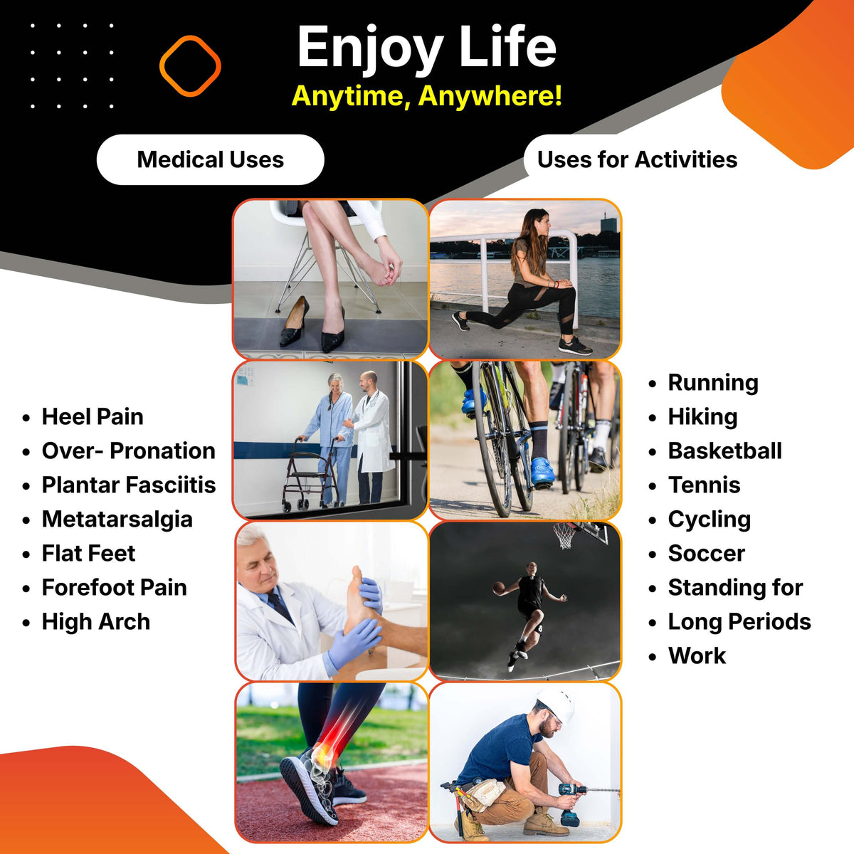 Carbon fiber insoles designed for heel pain, plantar fasciitis, overpronation, flat feet, and metatarsalgia relief. Ideal for running, hiking, cycling, basketball, soccer, and long work hours, providing superior arch support and comfort.