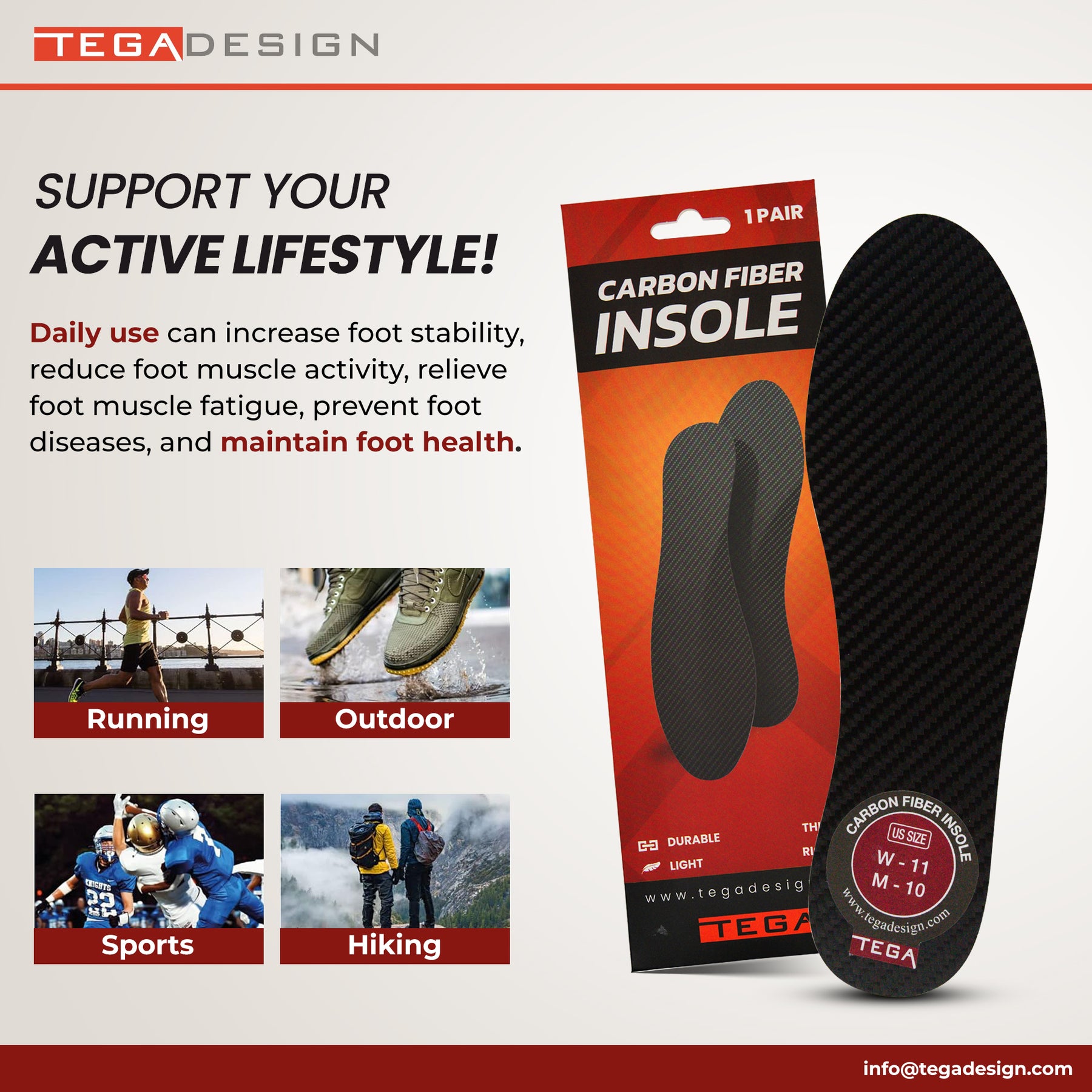 Arthritic Carbon Fiber Insole Very Rigid TEGA DESIGN