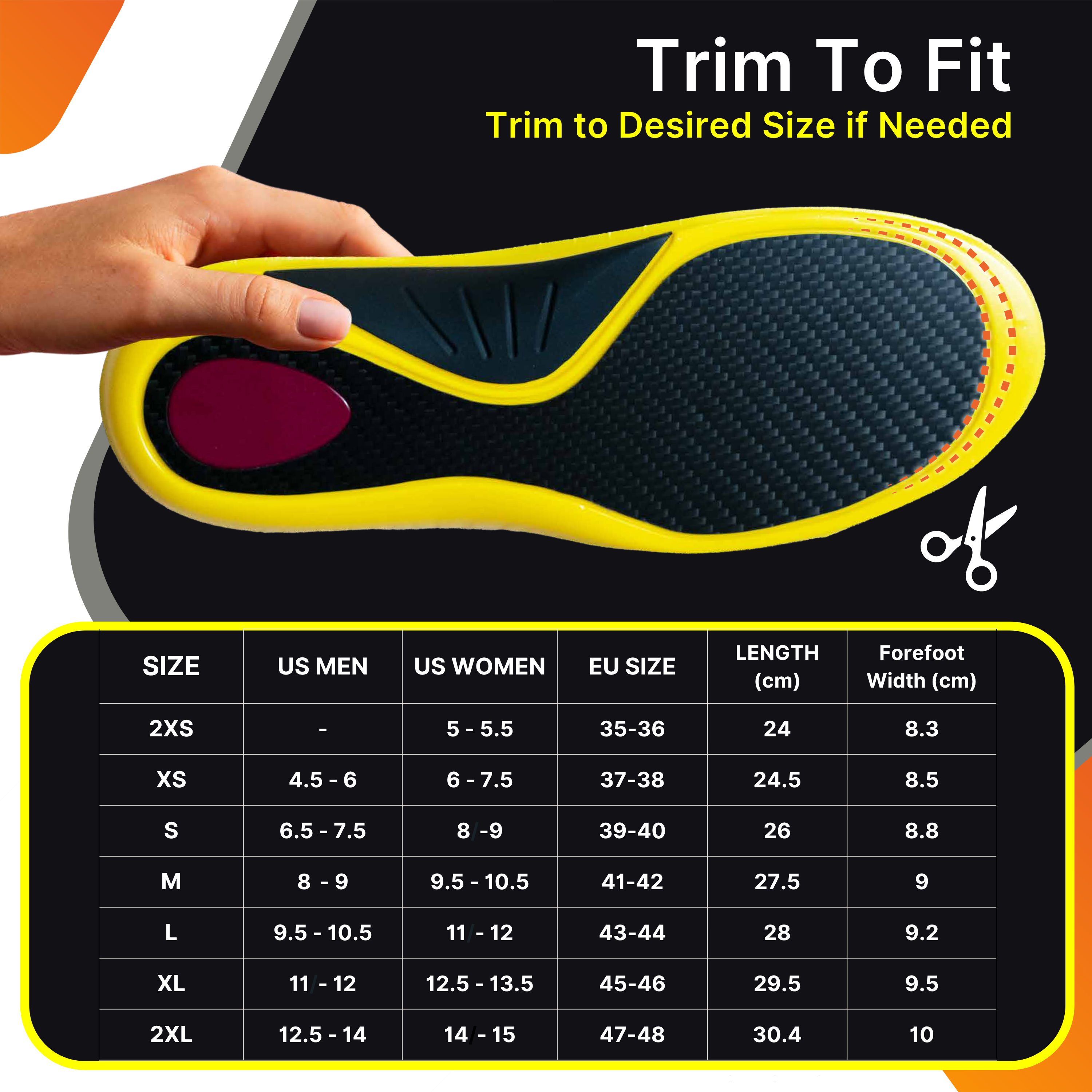 Trim-to-fit carbon fiber insoles designed for a customized fit. Available in multiple sizes (2XS-2XL) with detailed US, EU, and length measurements. Ideal for running, hiking, and daily wear, ensuring perfect arch support and shock absorption.