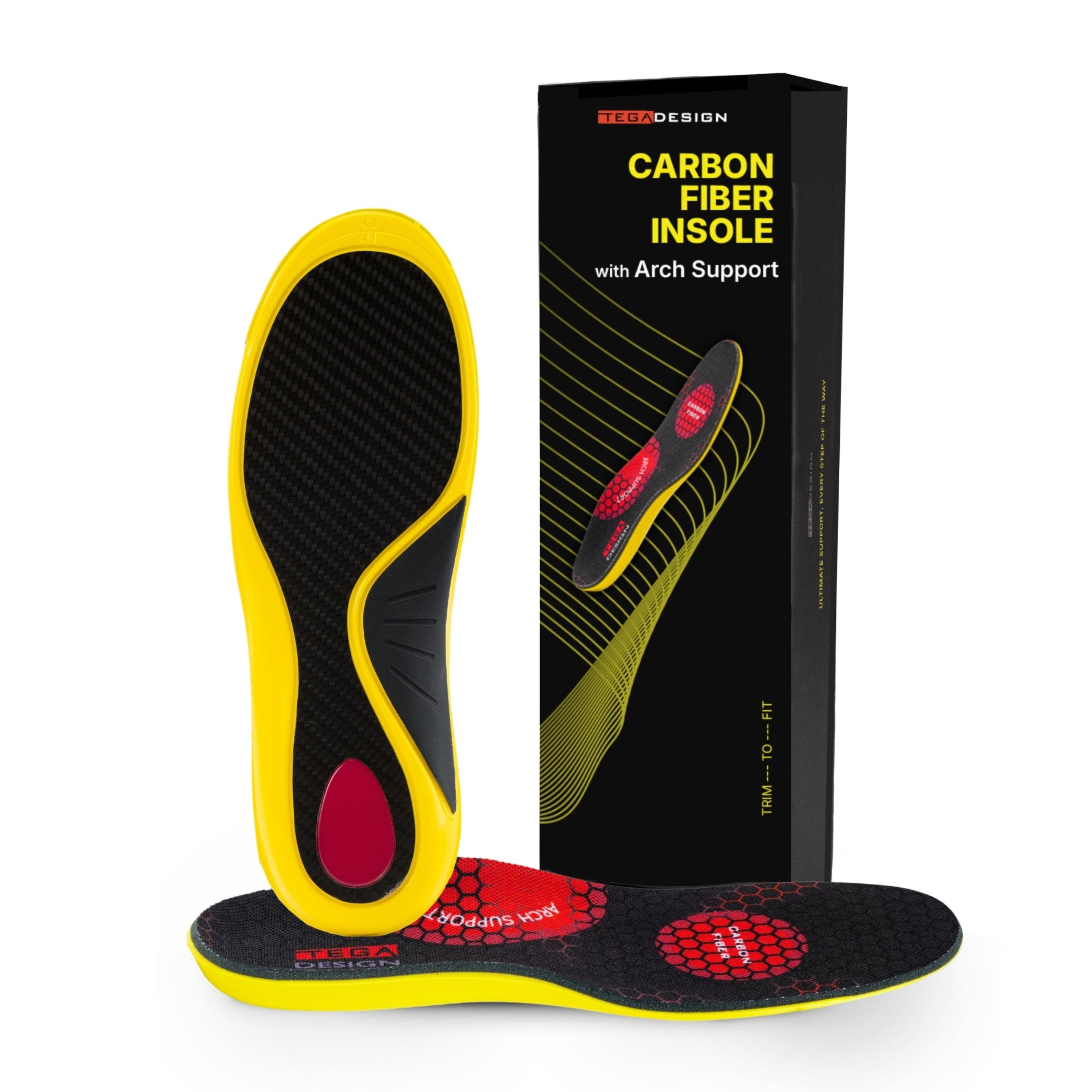 High-performance carbon fiber insole featuring arch support, shock absorption, and breathable fabric for plantar fasciitis, heel pain, and overpronation relief. Trimmable design for a perfect fit in running, hiking, and everyday shoes.