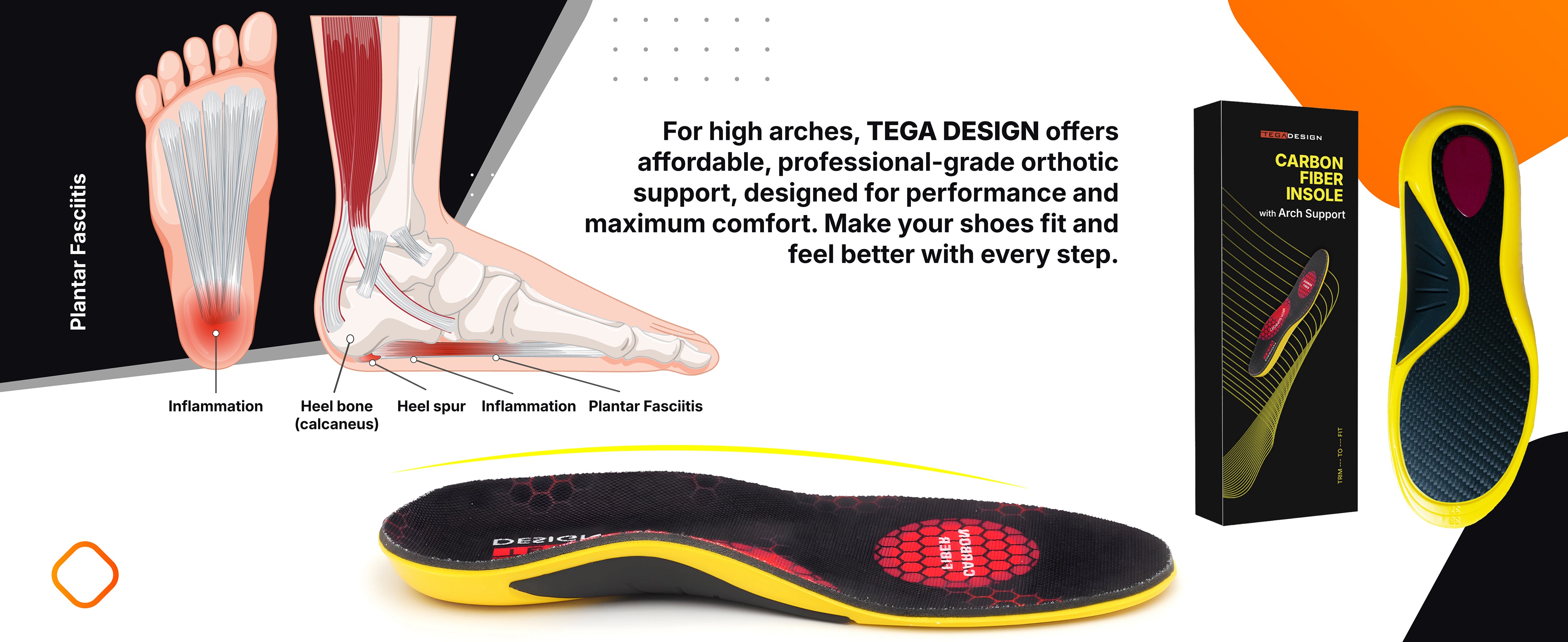 Carbon fiber insoles designed to provide relief from plantar fasciitis, heel spurs, and foot inflammation. Orthotic-grade arch support enhances comfort and performance, making every step pain-free. Ideal for high arches and everyday wear.