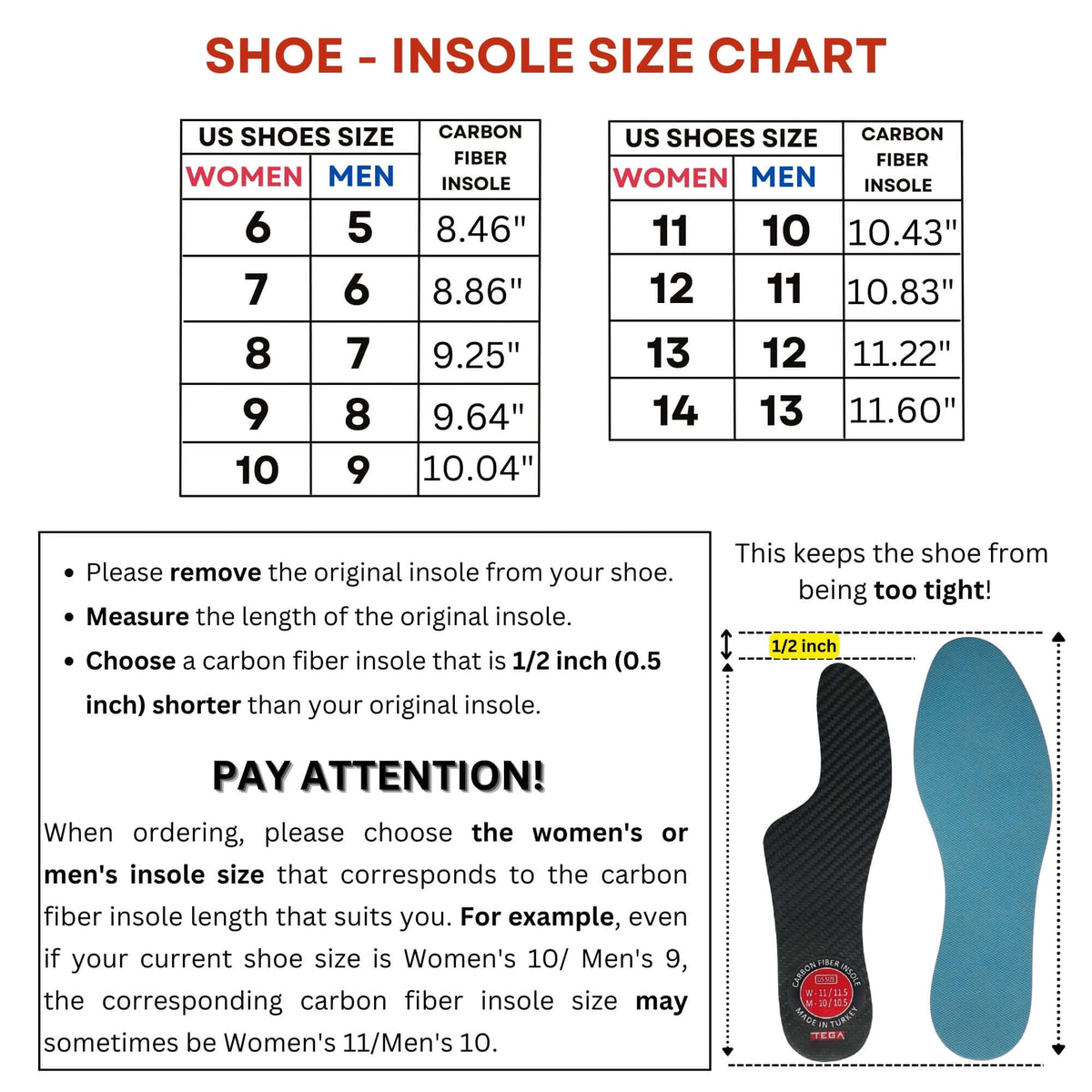 Fiber Boot Sizes Carbon Fiber Insole Size Chart – Tega Design